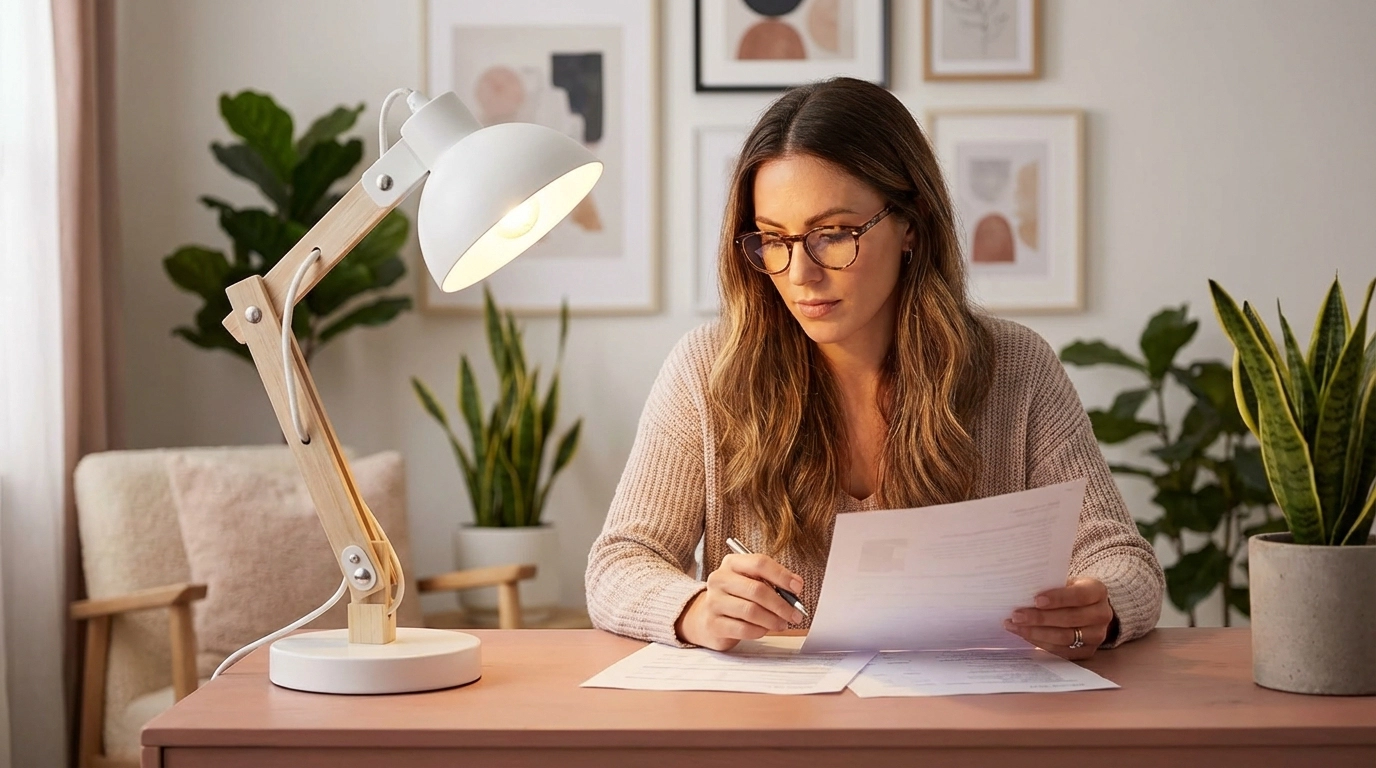 mujer trabajando con lámpara flexo LED de madera en despacho elegante y moderno
