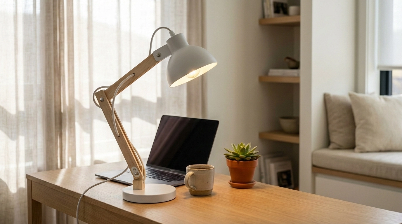 lámpara flexo LED de madera ajustable sobre escritorio nórdico para teletrabajo